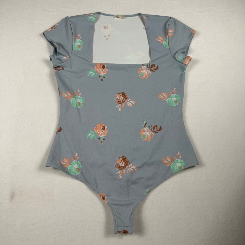 Free People Floral Bodysuit M Blue Cottagecore Square Neck Cap Sleeve